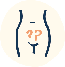 Illustrated icon of a female body with question marks around the abdominal area indicating a questioning of pregnancy signs
