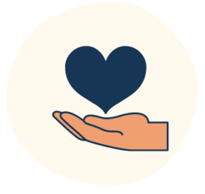 Illustrated icon of a hand holding a heart to indicate providing support